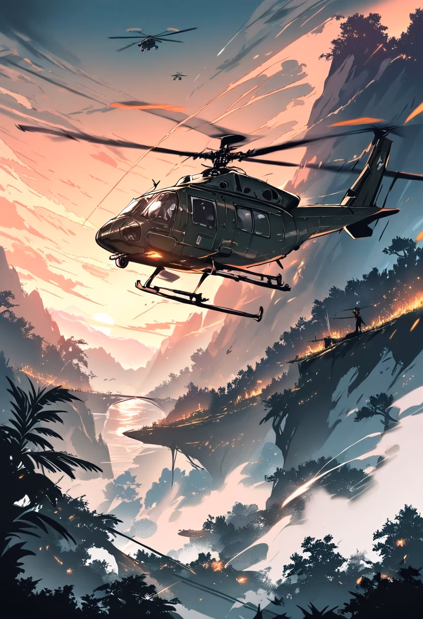 Jungle Rescue Flight — view 3 — helicopter flying low over a jungle canyon during a rescue mission, rotor wash bending trees, dramatic sunset light, int