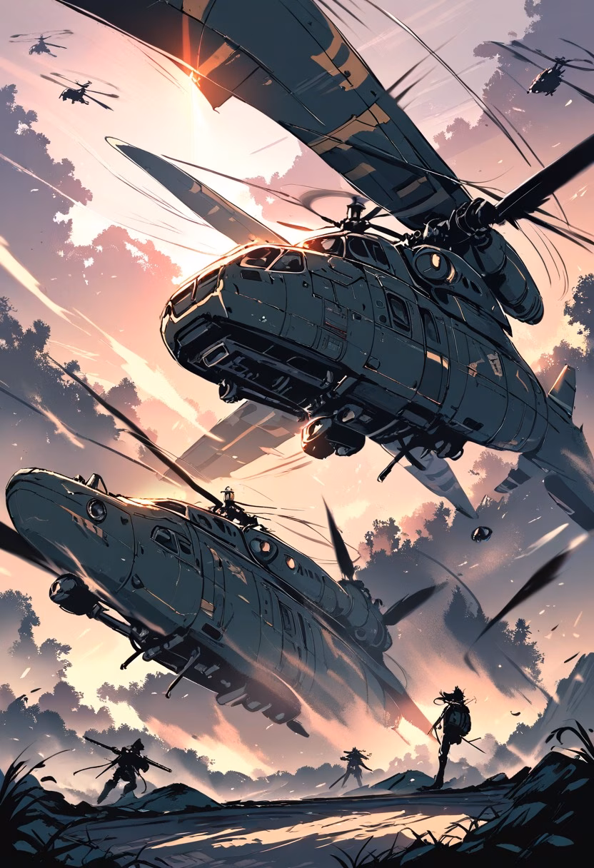 Jungle Rescue Flight — view 5 — helicopter flying low over a jungle canyon during a rescue mission, rotor wash bending trees, dramatic sunset light, int