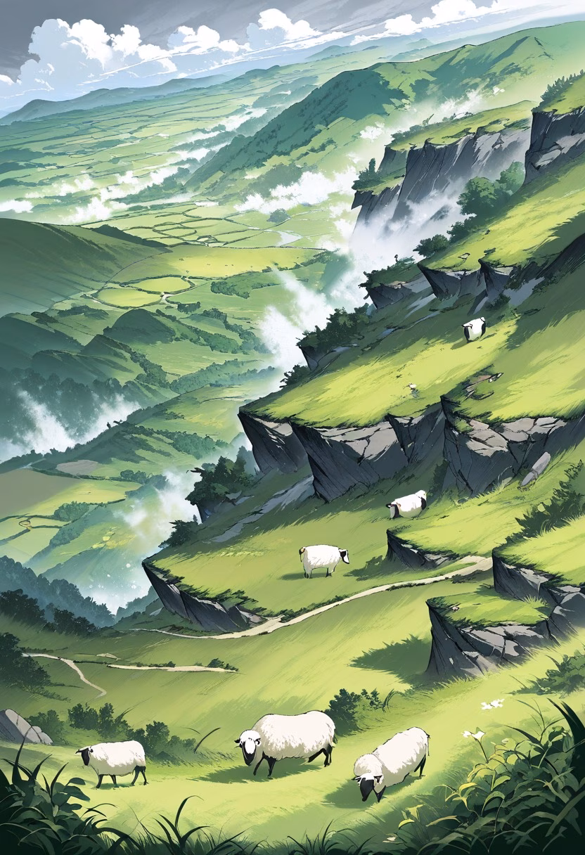 Patchwork Green Hills — view 1 — rolling green hills, patchwork farmland, stone fences, scattered sheep, overcast sky, countryside, landscape, detailed g