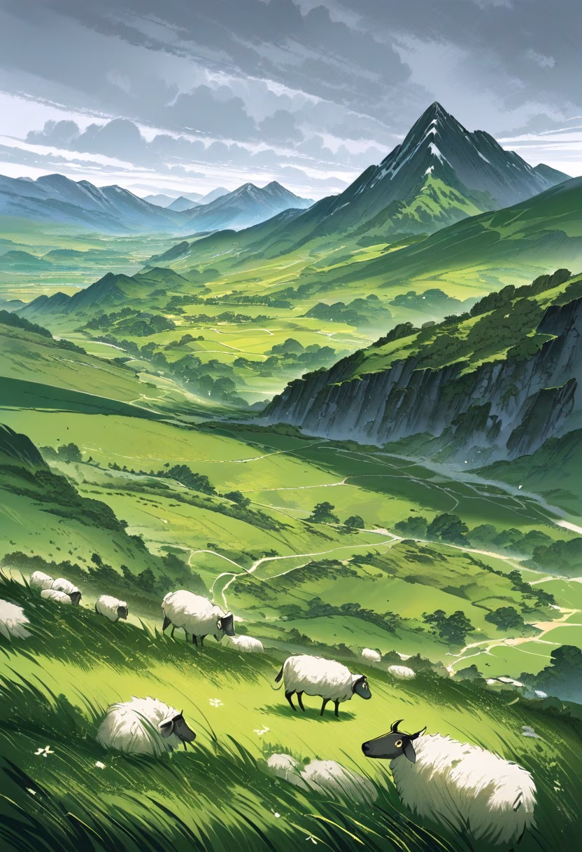 Patchwork Green Hills — view 2 — rolling green hills, patchwork farmland, stone fences, scattered sheep, overcast sky, countryside, landscape, detailed g