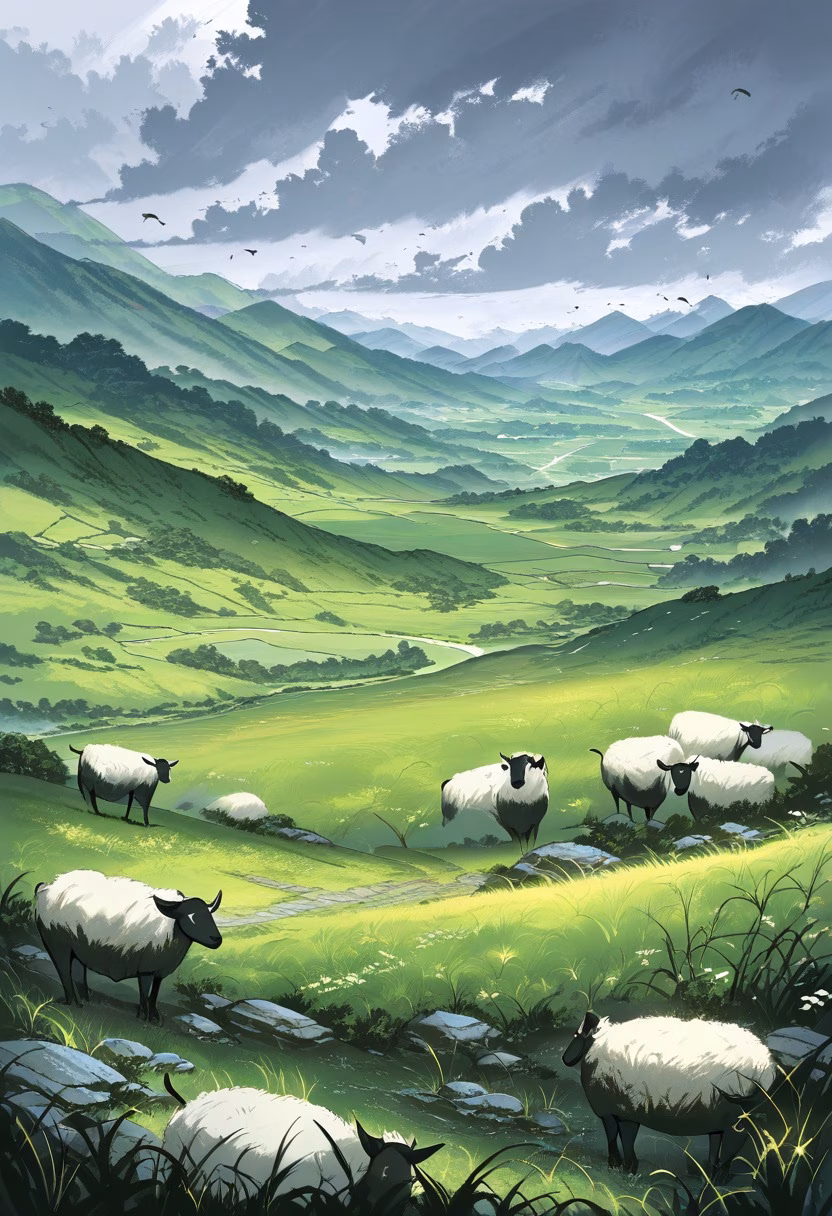 Patchwork Green Hills — view 3 — rolling green hills, patchwork farmland, stone fences, scattered sheep, overcast sky, countryside, landscape, detailed g