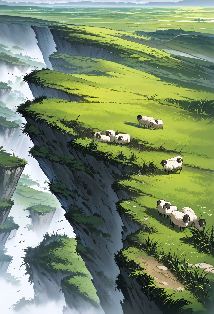 Patchwork Green Hills — view 4 — rolling green hills, patchwork farmland, stone fences, scattered sheep, overcast sky, countryside, landscape, detailed g