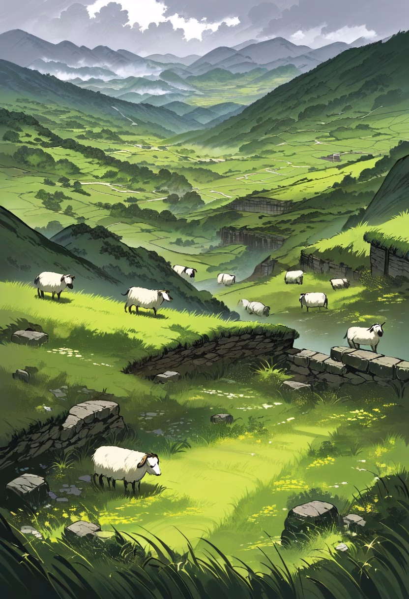 Patchwork Green Hills — view 5 — rolling green hills, patchwork farmland, stone fences, scattered sheep, overcast sky, countryside, landscape, detailed g