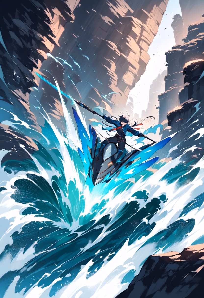 White-Water Rapids — view 1 — kayaker paddling through churning white-water rapids, spray exploding around the boat, rocky canyon walls, intense dynam