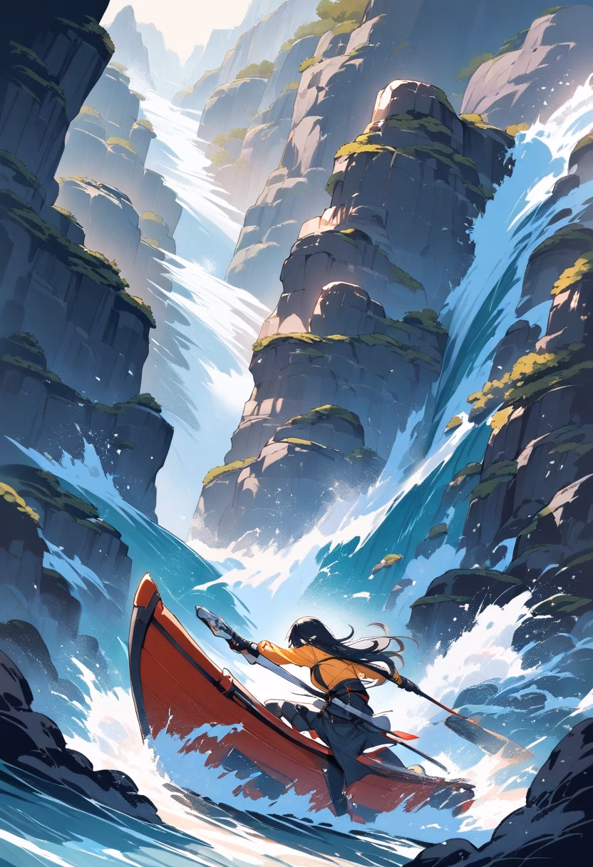 White-Water Rapids — view 2 — kayaker paddling through churning white-water rapids, spray exploding around the boat, rocky canyon walls, intense dynam