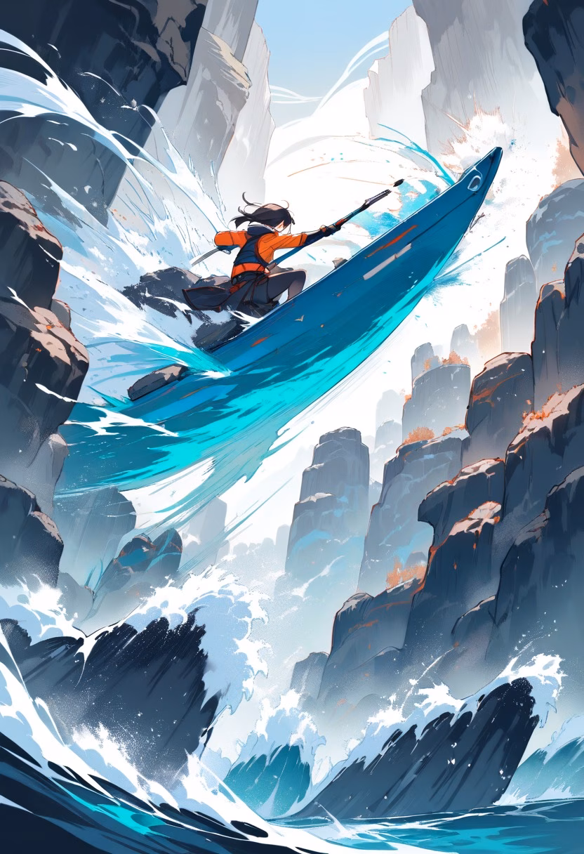White-Water Rapids — view 3 — kayaker paddling through churning white-water rapids, spray exploding around the boat, rocky canyon walls, intense dynam