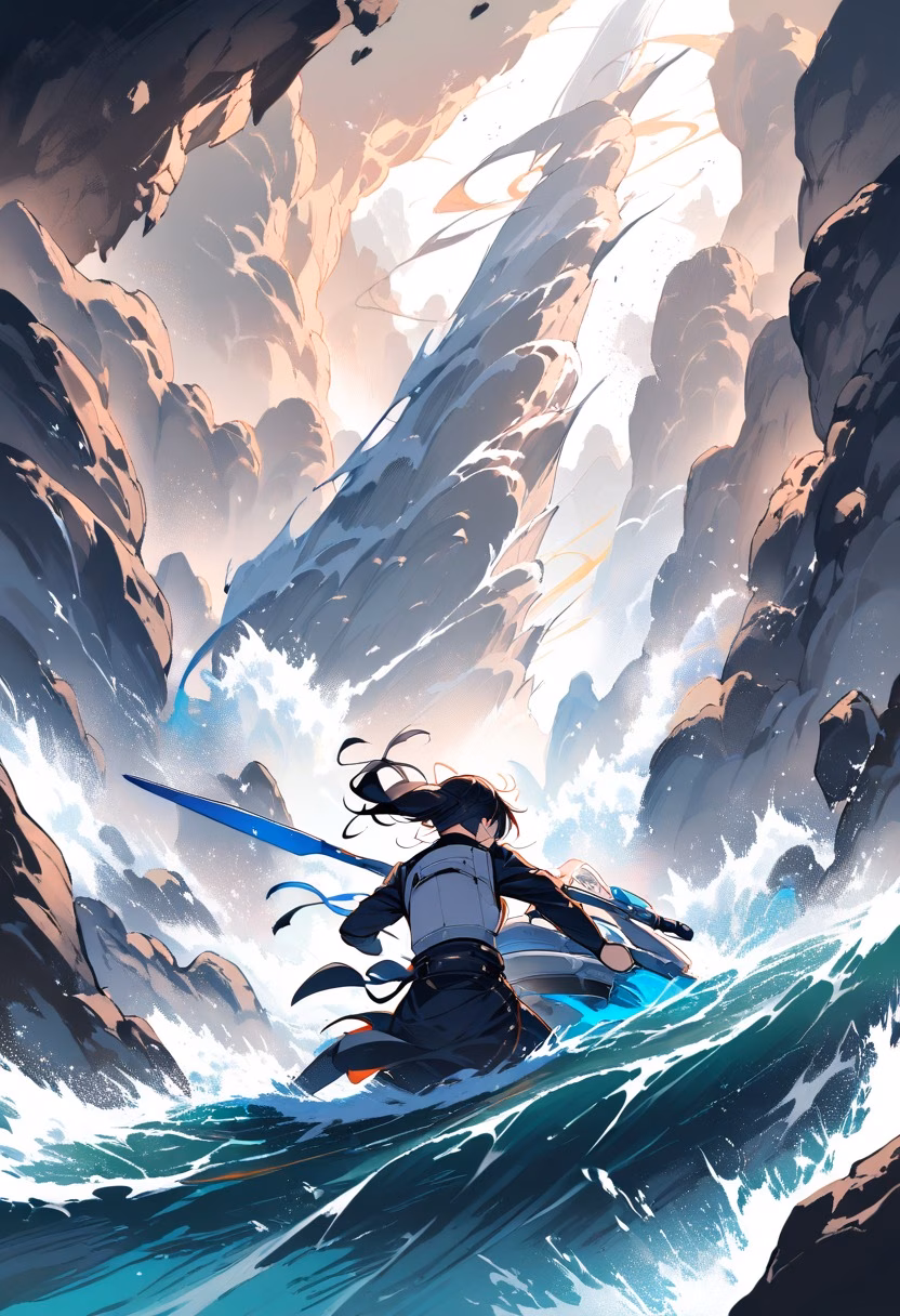White-Water Rapids — view 4 — kayaker paddling through churning white-water rapids, spray exploding around the boat, rocky canyon walls, intense dynam