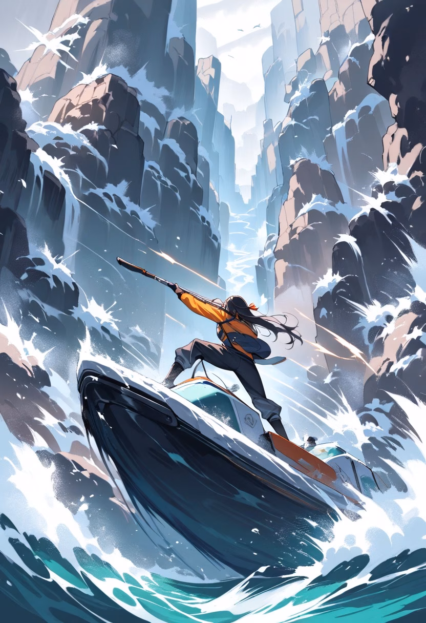 White-Water Rapids — view 5 — kayaker paddling through churning white-water rapids, spray exploding around the boat, rocky canyon walls, intense dynam