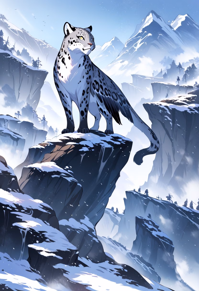 Snow Leopard Dawn — view 1 — Majestic snow leopard with thick spotted coat, perched on rugged Himalayan cliff edge, light snowfall covering distant p