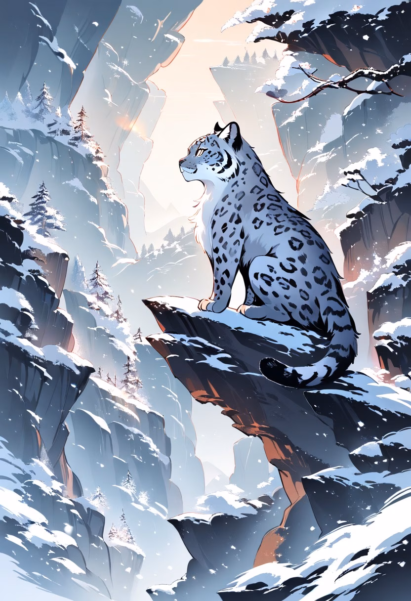 Snow Leopard Dawn — view 2 — Majestic snow leopard with thick spotted coat, perched on rugged Himalayan cliff edge, light snowfall covering distant p