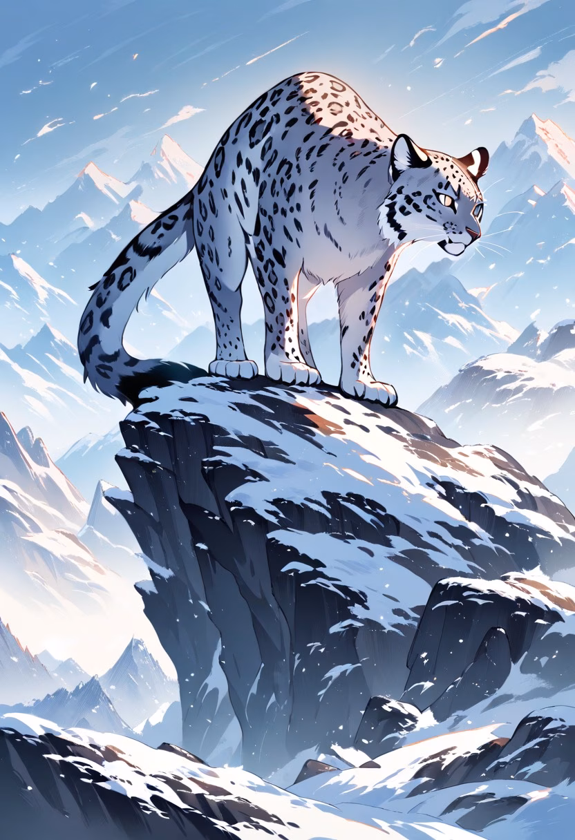 Snow Leopard Dawn — view 3 — Majestic snow leopard with thick spotted coat, perched on rugged Himalayan cliff edge, light snowfall covering distant p