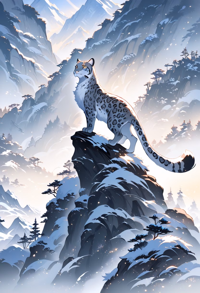 Snow Leopard Dawn — view 4 — Majestic snow leopard with thick spotted coat, perched on rugged Himalayan cliff edge, light snowfall covering distant p