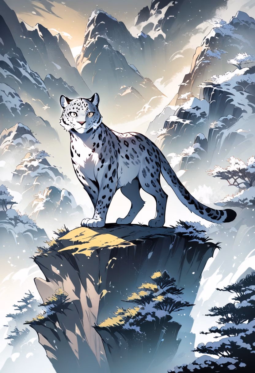 Snow Leopard Dawn — view 5 — Majestic snow leopard with thick spotted coat, perched on rugged Himalayan cliff edge, light snowfall covering distant p