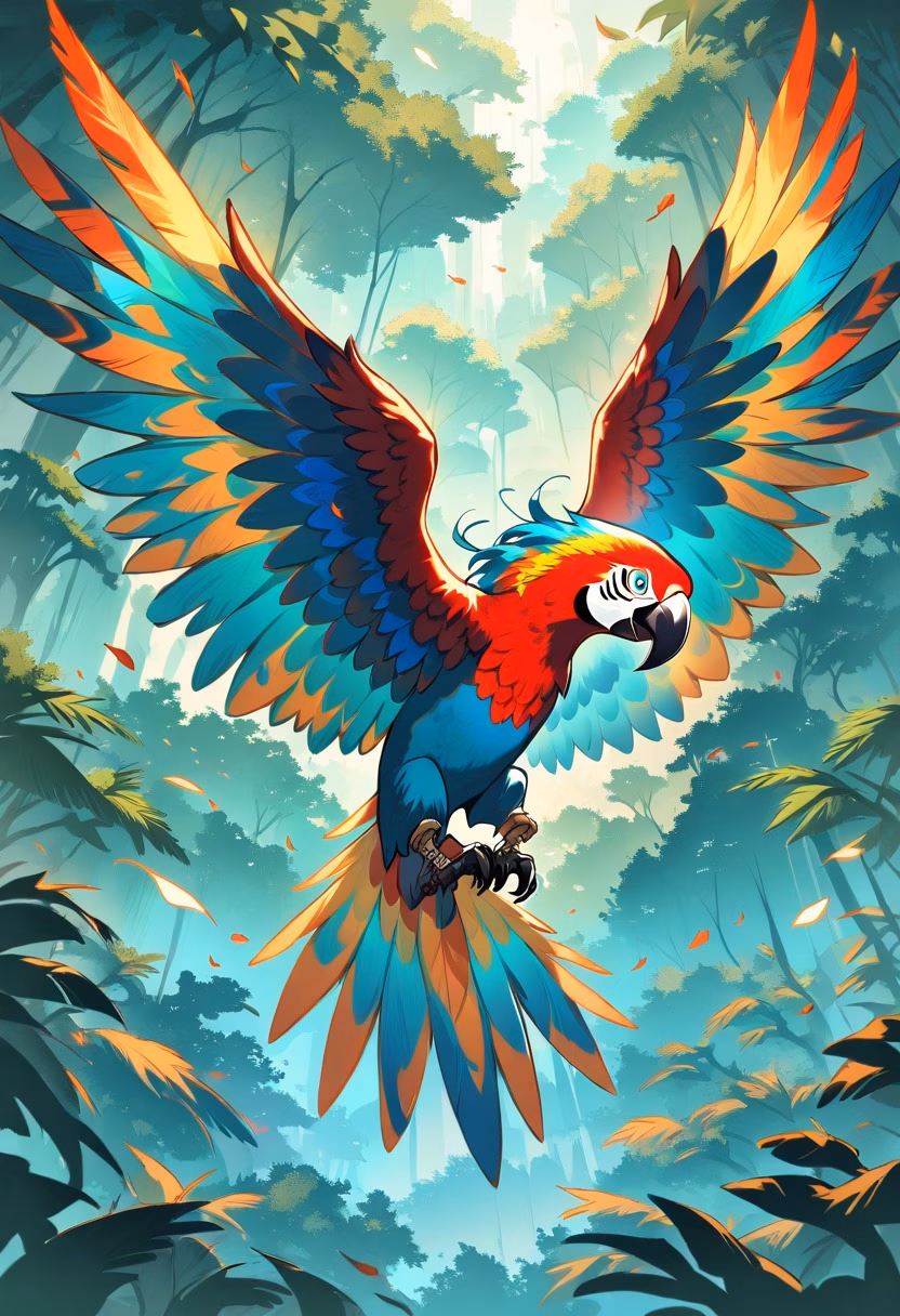 Scarlet Macaw Flight — view 1 — Vibrant scarlet macaw with glossy crimson feathers, soaring above dense Amazon rainforest canopy, humid summer mist risi