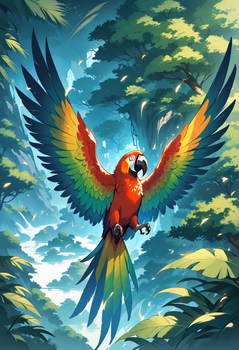 Scarlet Macaw Flight — view 2 — Vibrant scarlet macaw with glossy crimson feathers, soaring above dense Amazon rainforest canopy, humid summer mist risi
