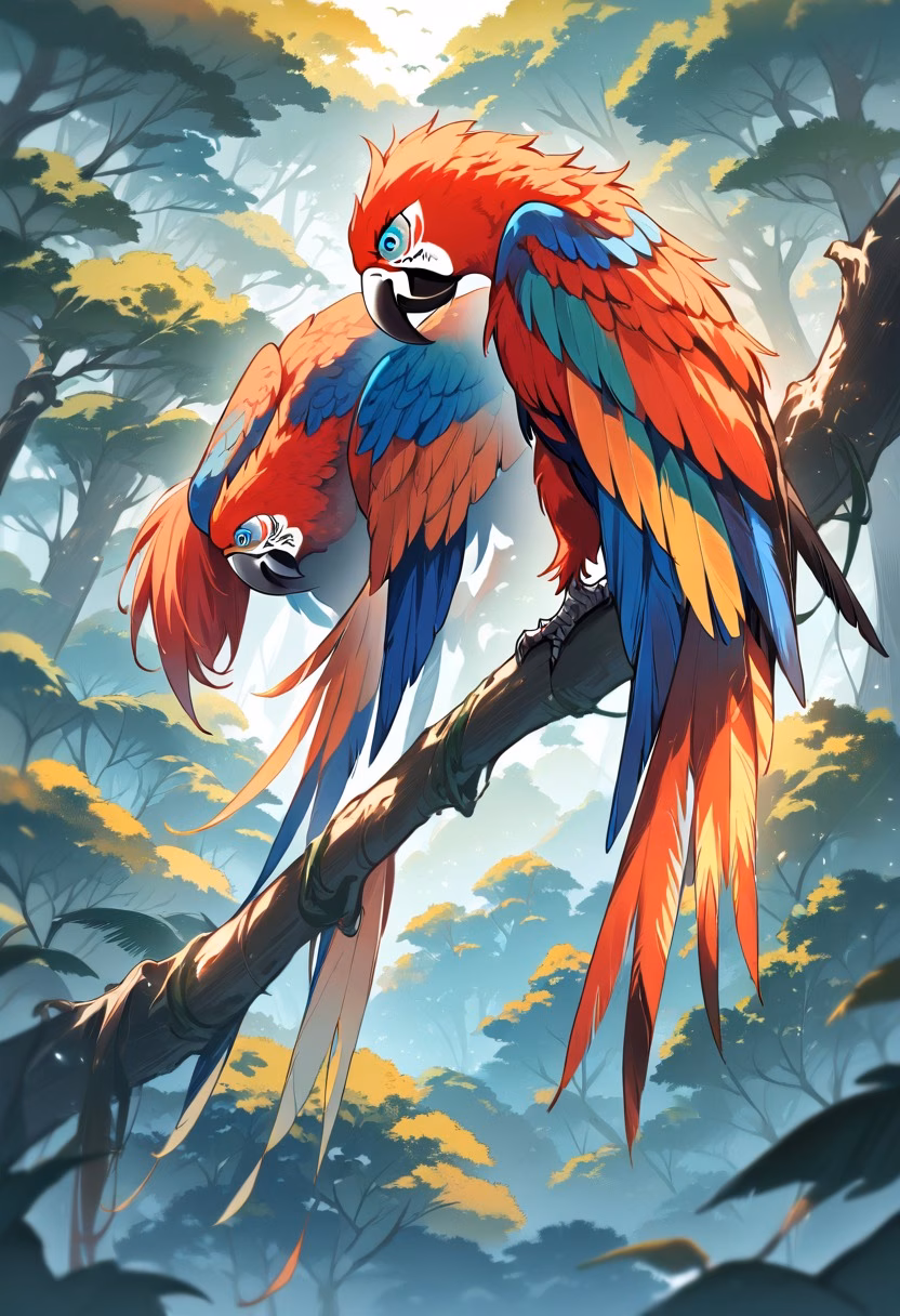Scarlet Macaw Flight — view 3 — Vibrant scarlet macaw with glossy crimson feathers, soaring above dense Amazon rainforest canopy, humid summer mist risi