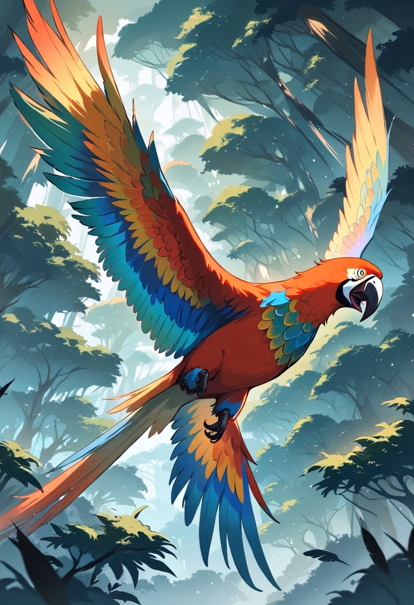 Scarlet Macaw Flight — view 4 — Vibrant scarlet macaw with glossy crimson feathers, soaring above dense Amazon rainforest canopy, humid summer mist risi