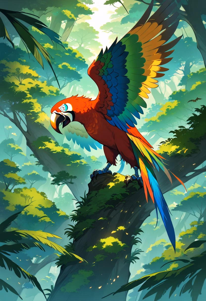 Scarlet Macaw Flight — view 5 — Vibrant scarlet macaw with glossy crimson feathers, soaring above dense Amazon rainforest canopy, humid summer mist risi