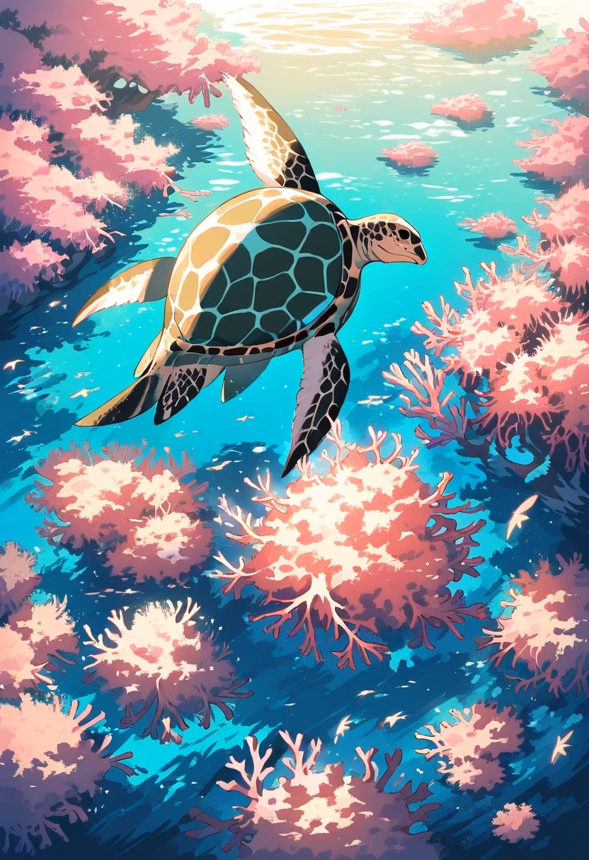 Sea Turtle Glide — view 1 — Graceful green sea turtle with patterned shell, gliding through crystal-clear coral reef waters, gentle tropical breeze 