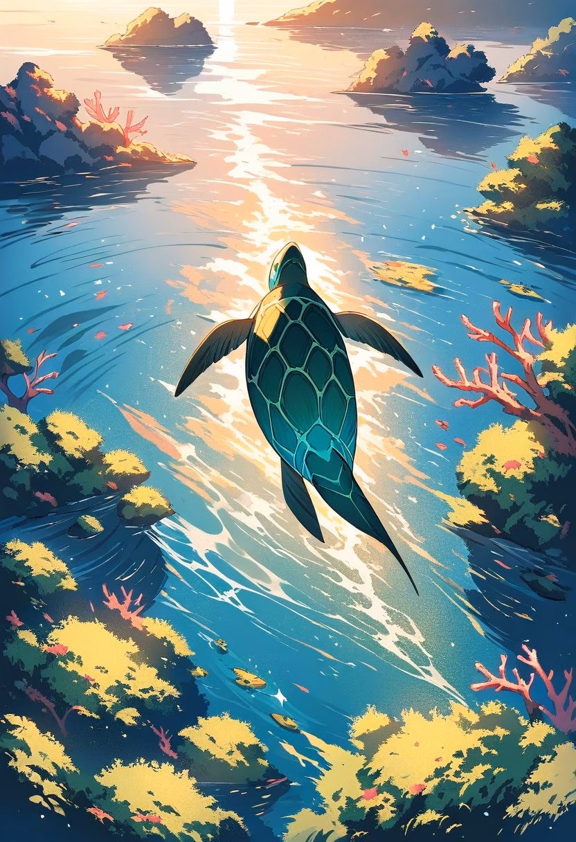 Sea Turtle Glide — view 2 — Graceful green sea turtle with patterned shell, gliding through crystal-clear coral reef waters, gentle tropical breeze 