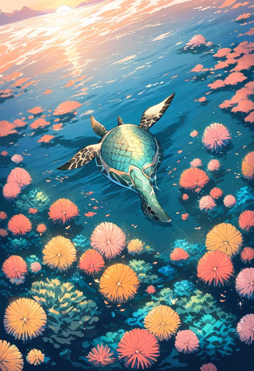 Sea Turtle Glide — view 3 — Graceful green sea turtle with patterned shell, gliding through crystal-clear coral reef waters, gentle tropical breeze 