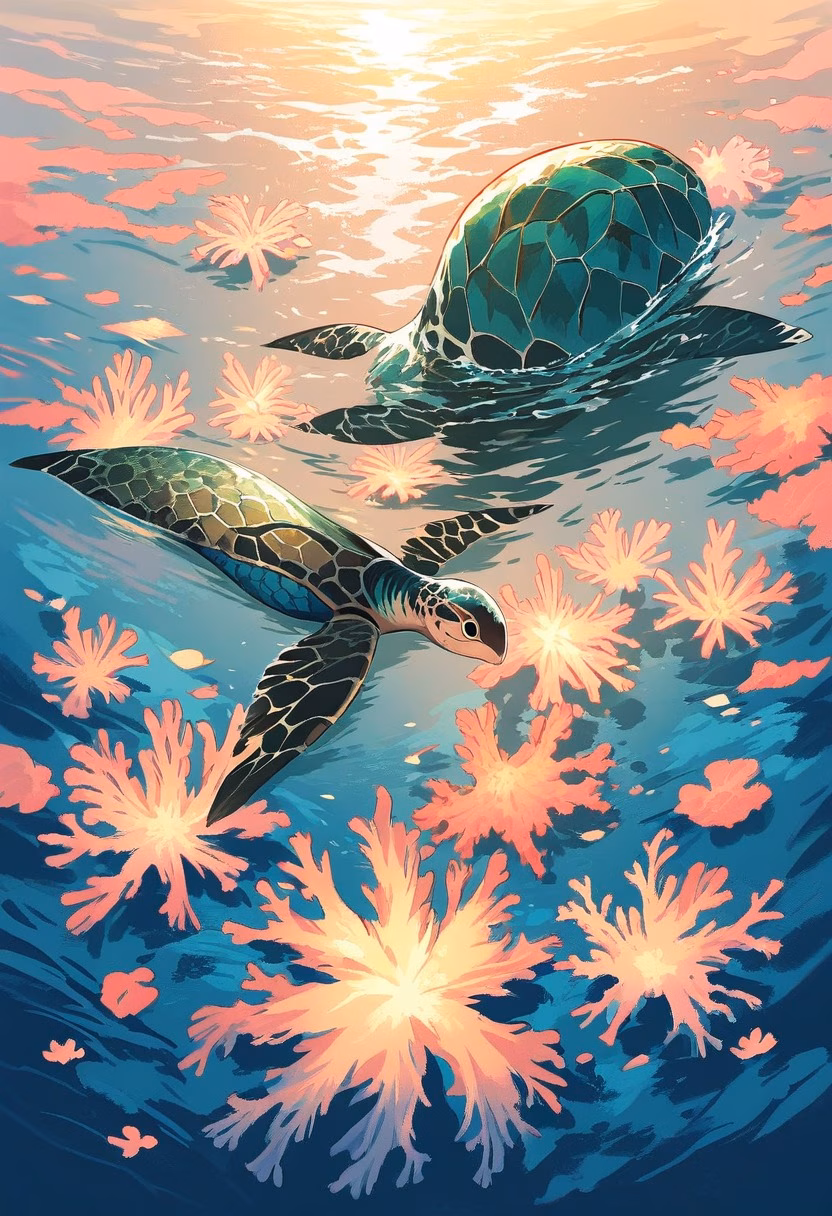 Sea Turtle Glide — view 4 — Graceful green sea turtle with patterned shell, gliding through crystal-clear coral reef waters, gentle tropical breeze 