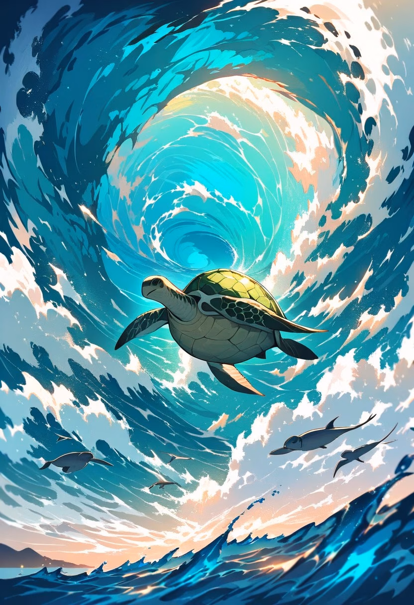 Sea Turtle Glide — view 5 — Graceful green sea turtle with patterned shell, gliding through crystal-clear coral reef waters, gentle tropical breeze 