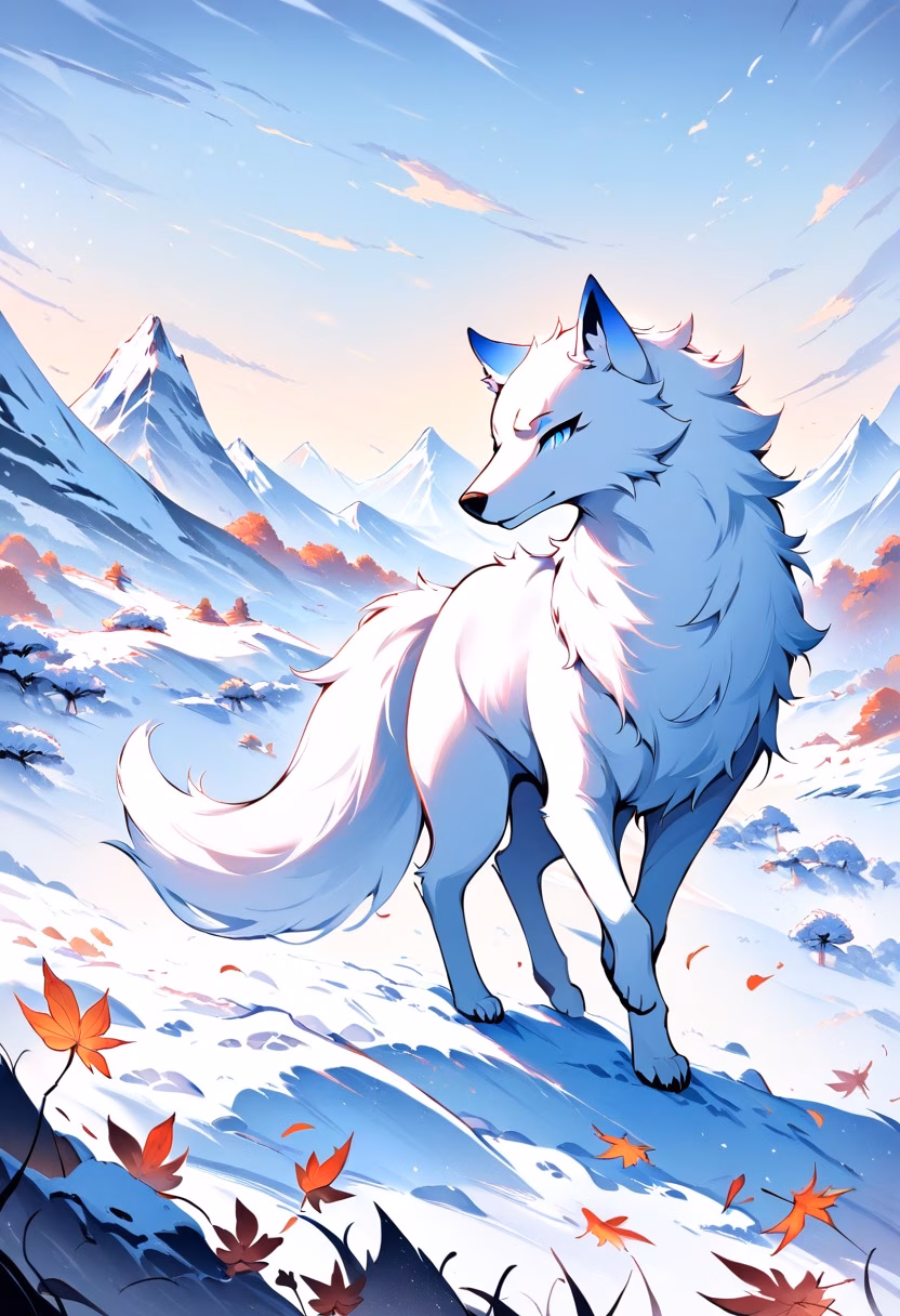 Arctic Fox Twilight — view 1 — Fluffy arctic fox with pristine white fur, trotting across frozen tundra plain, autumn twilight snow flurries swirling u