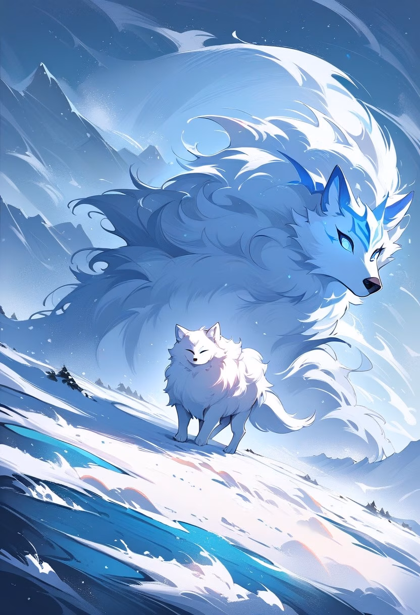 Arctic Fox Twilight — view 2 — Fluffy arctic fox with pristine white fur, trotting across frozen tundra plain, autumn twilight snow flurries swirling u