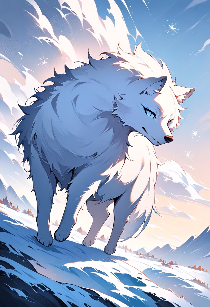 Arctic Fox Twilight — view 3 — Fluffy arctic fox with pristine white fur, trotting across frozen tundra plain, autumn twilight snow flurries swirling u