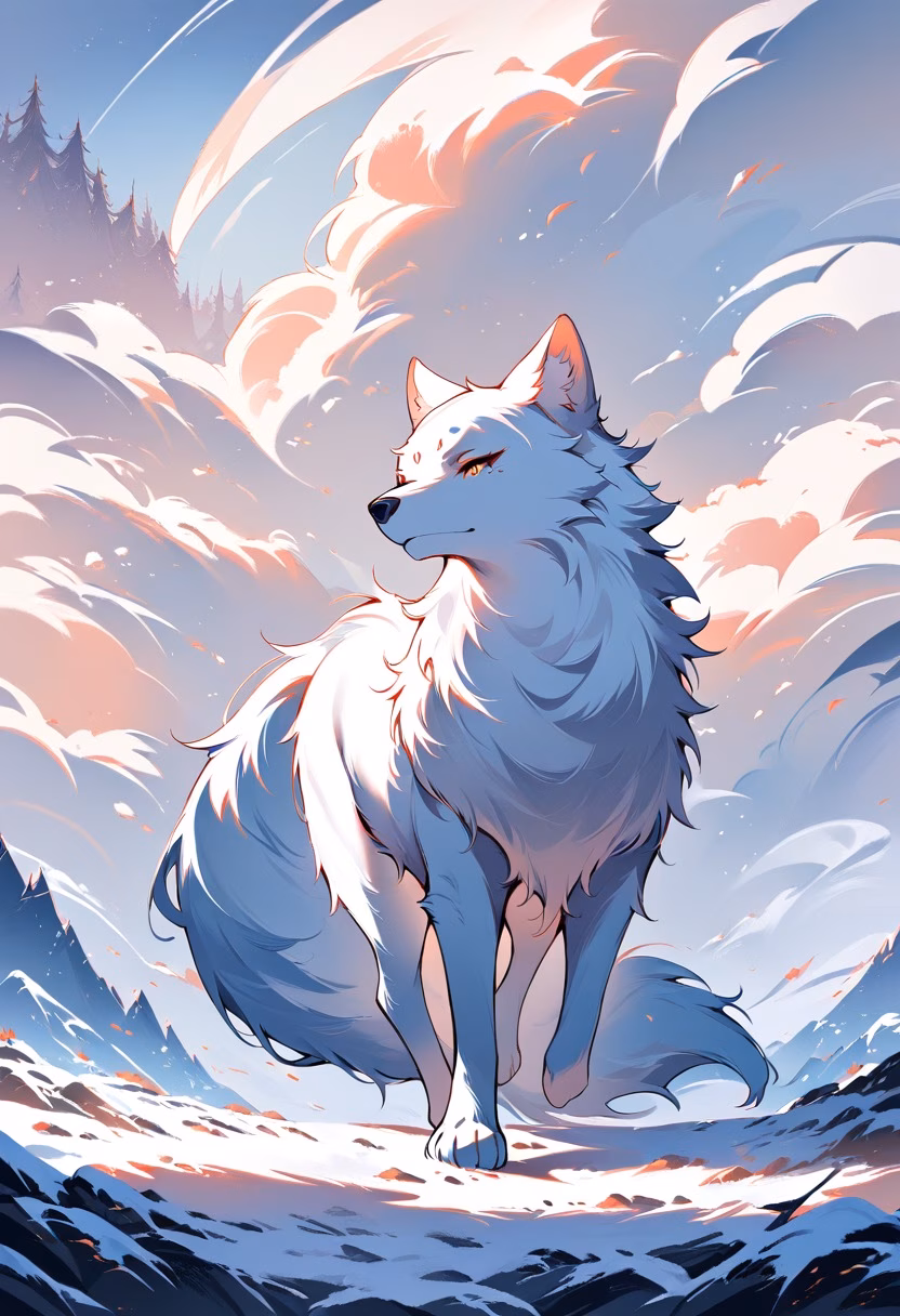 Arctic Fox Twilight — view 4 — Fluffy arctic fox with pristine white fur, trotting across frozen tundra plain, autumn twilight snow flurries swirling u