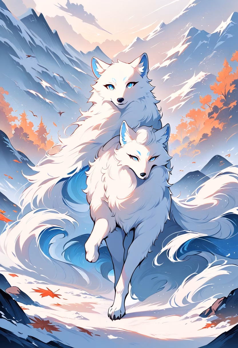 Arctic Fox Twilight — view 5 — Fluffy arctic fox with pristine white fur, trotting across frozen tundra plain, autumn twilight snow flurries swirling u