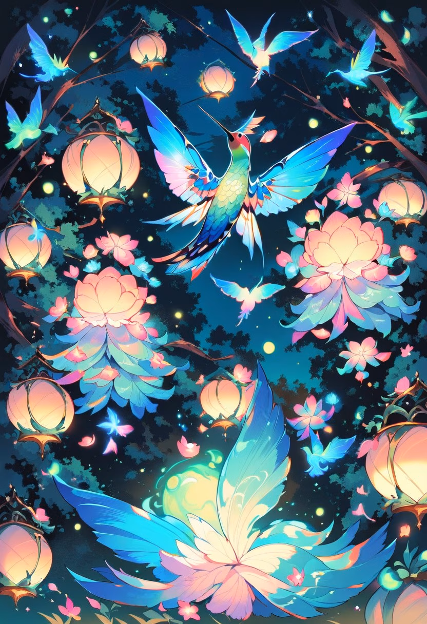 Emerald Hummingbird Night — view 1 — Iridescent hummingbird with shimmering emerald wings, hovering near blooming jungle flower cluster, warm spring air with