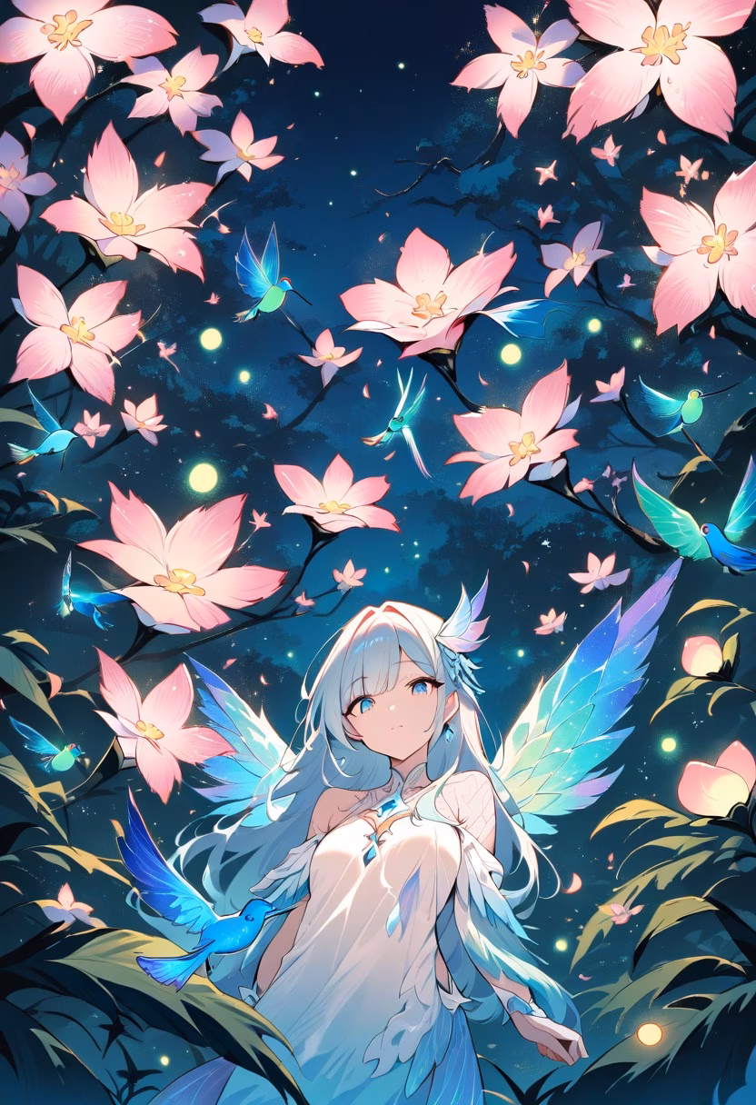 Emerald Hummingbird Night — view 2 — Iridescent hummingbird with shimmering emerald wings, hovering near blooming jungle flower cluster, warm spring air with