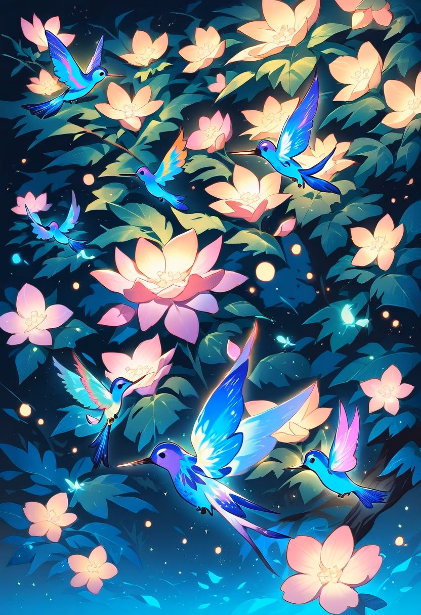 Emerald Hummingbird Night — view 3 — Iridescent hummingbird with shimmering emerald wings, hovering near blooming jungle flower cluster, warm spring air with