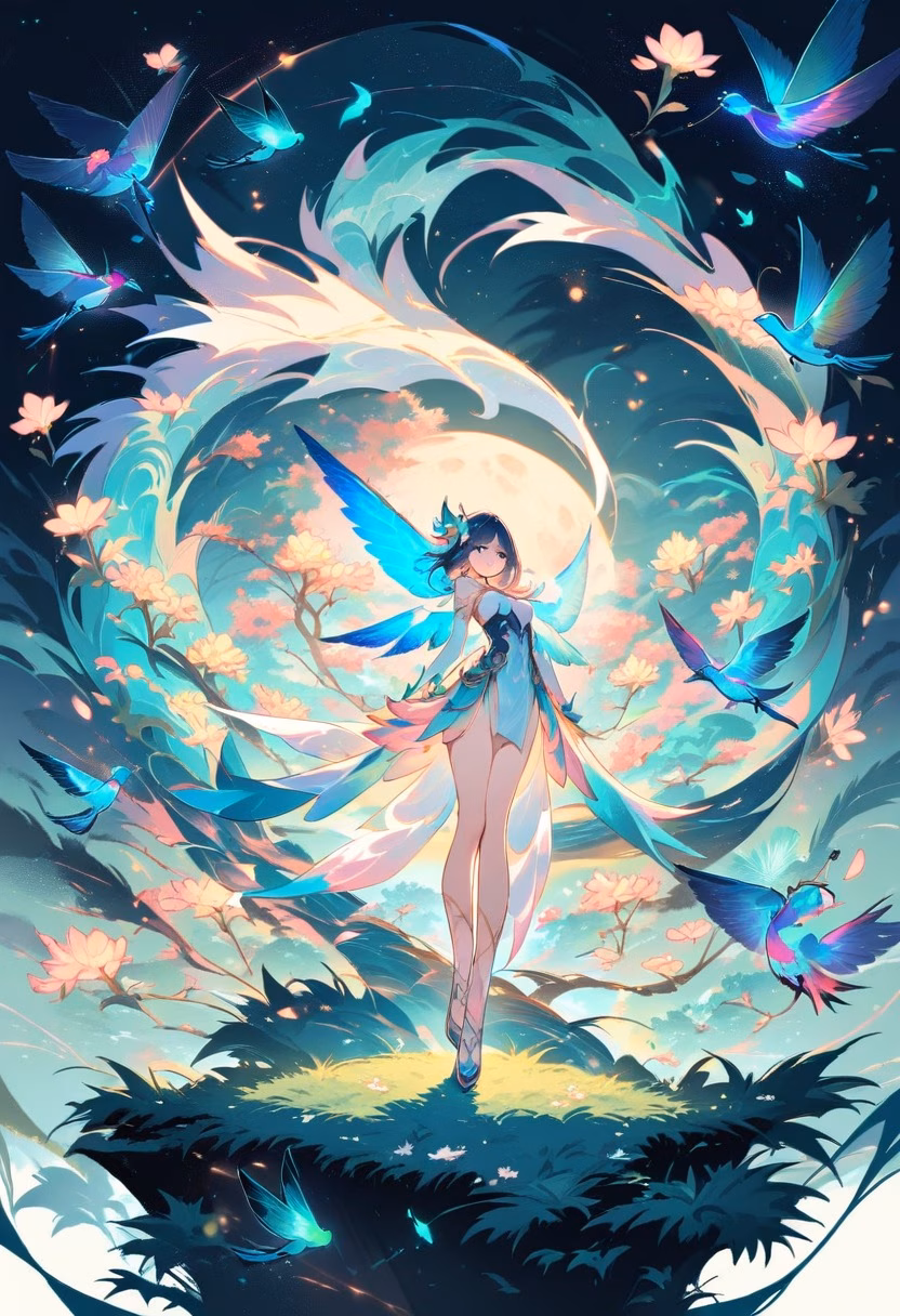 Emerald Hummingbird Night — view 4 — Iridescent hummingbird with shimmering emerald wings, hovering near blooming jungle flower cluster, warm spring air with