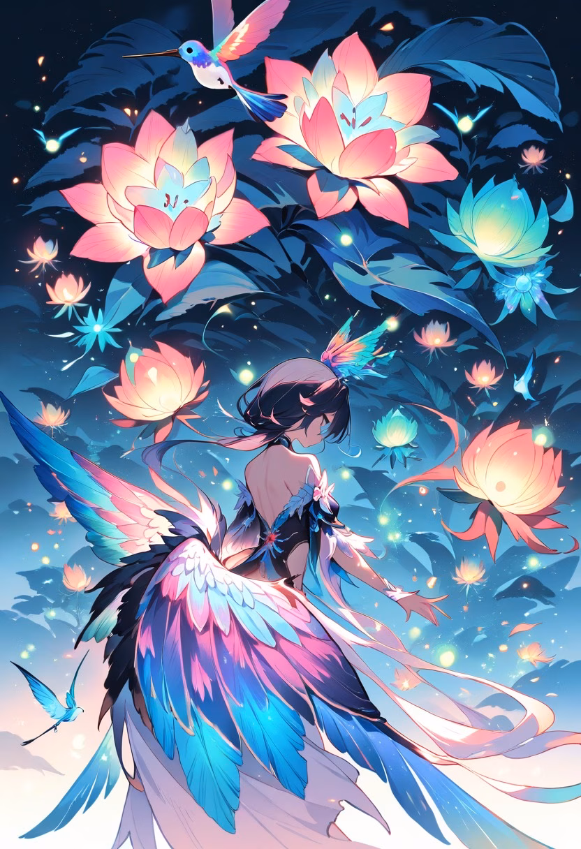 Emerald Hummingbird Night — view 5 — Iridescent hummingbird with shimmering emerald wings, hovering near blooming jungle flower cluster, warm spring air with
