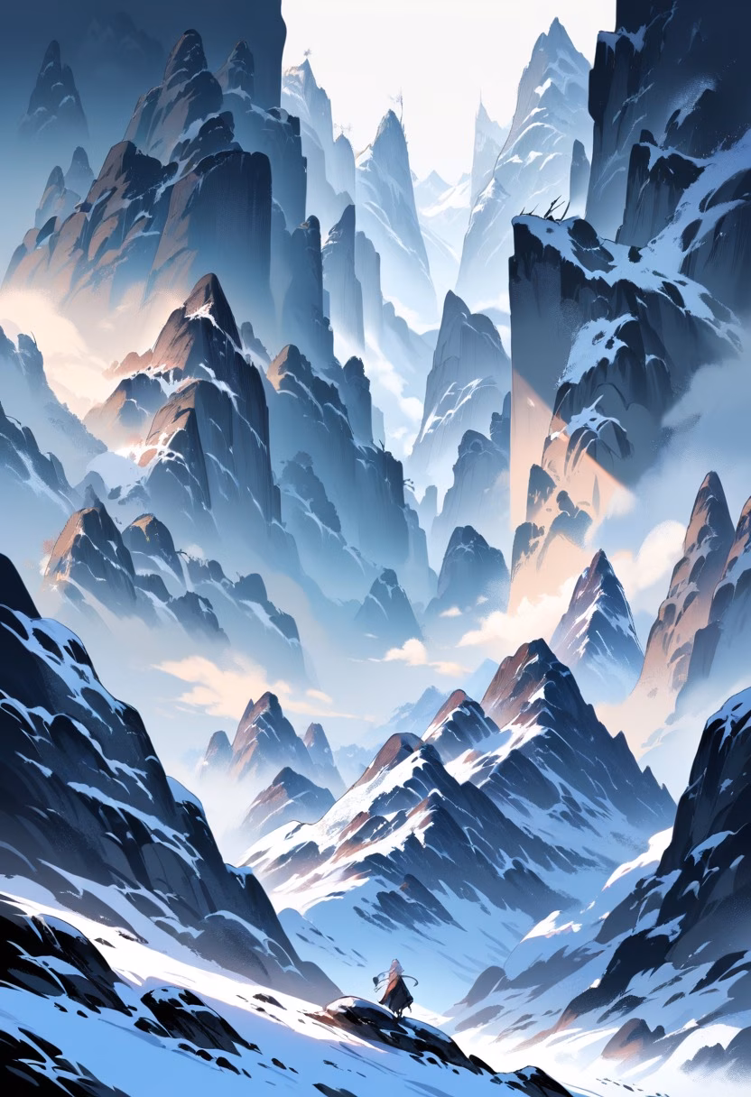 Misty Peaks Dawn — view 1 — Misty mountain range with jagged snow-capped peaks, overlooking deep pine-filled valley below, cold winter fog rolling a