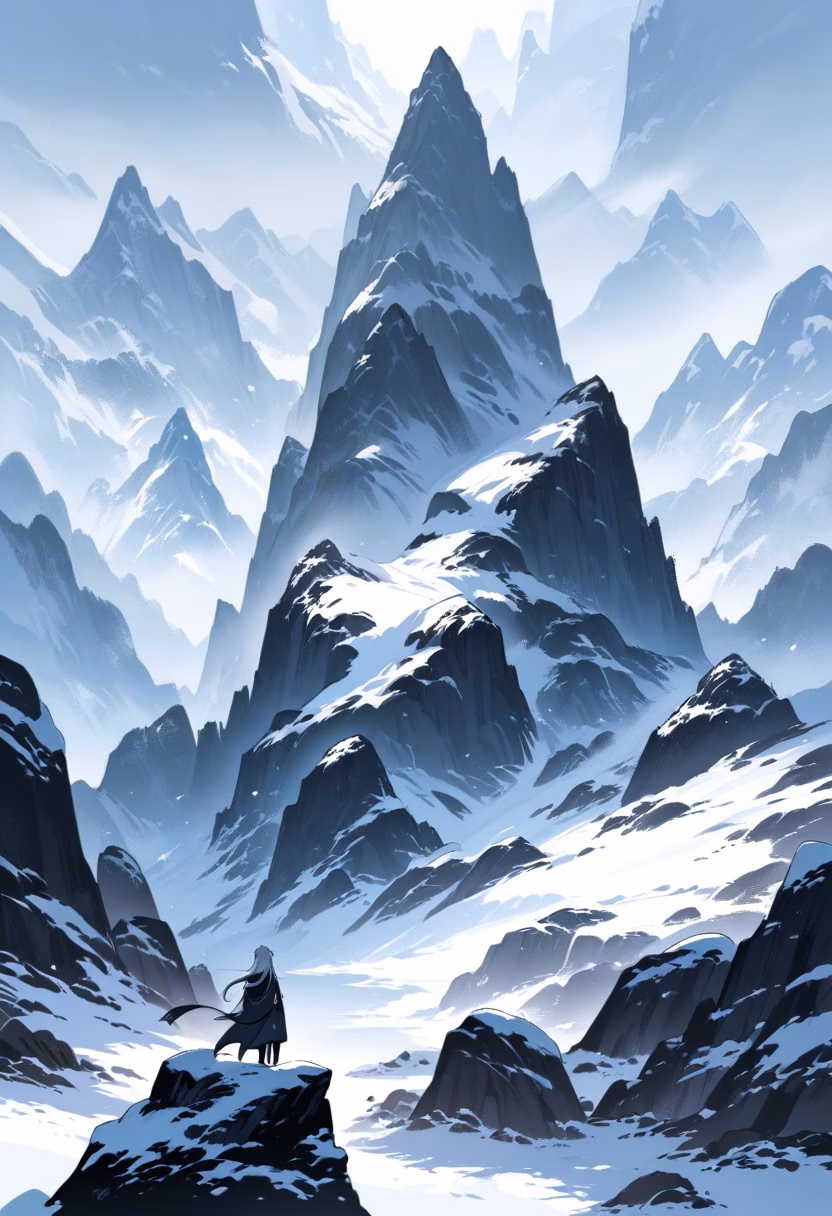 Misty Peaks Dawn — view 2 — Misty mountain range with jagged snow-capped peaks, overlooking deep pine-filled valley below, cold winter fog rolling a