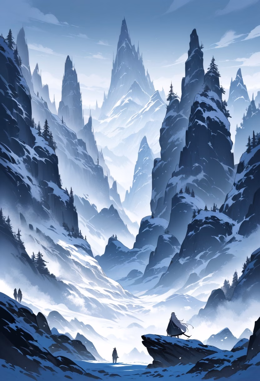 Misty Peaks Dawn — view 3 — Misty mountain range with jagged snow-capped peaks, overlooking deep pine-filled valley below, cold winter fog rolling a