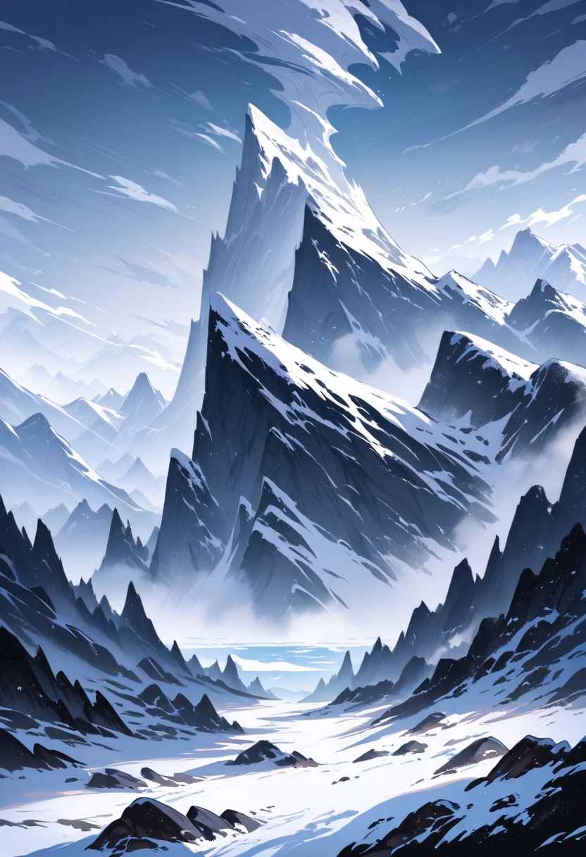 Misty Peaks Dawn — view 4 — Misty mountain range with jagged snow-capped peaks, overlooking deep pine-filled valley below, cold winter fog rolling a