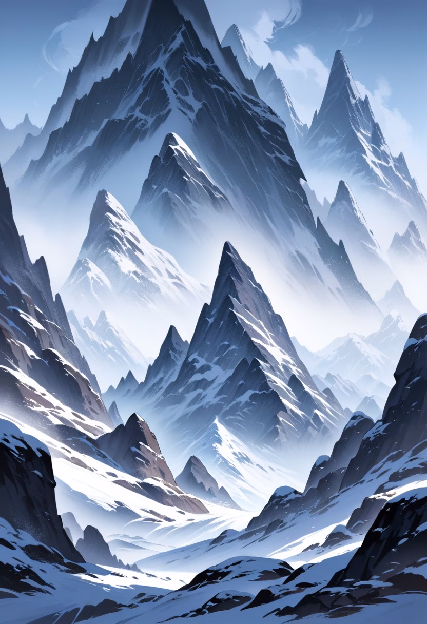 Misty Peaks Dawn — view 5 — Misty mountain range with jagged snow-capped peaks, overlooking deep pine-filled valley below, cold winter fog rolling a
