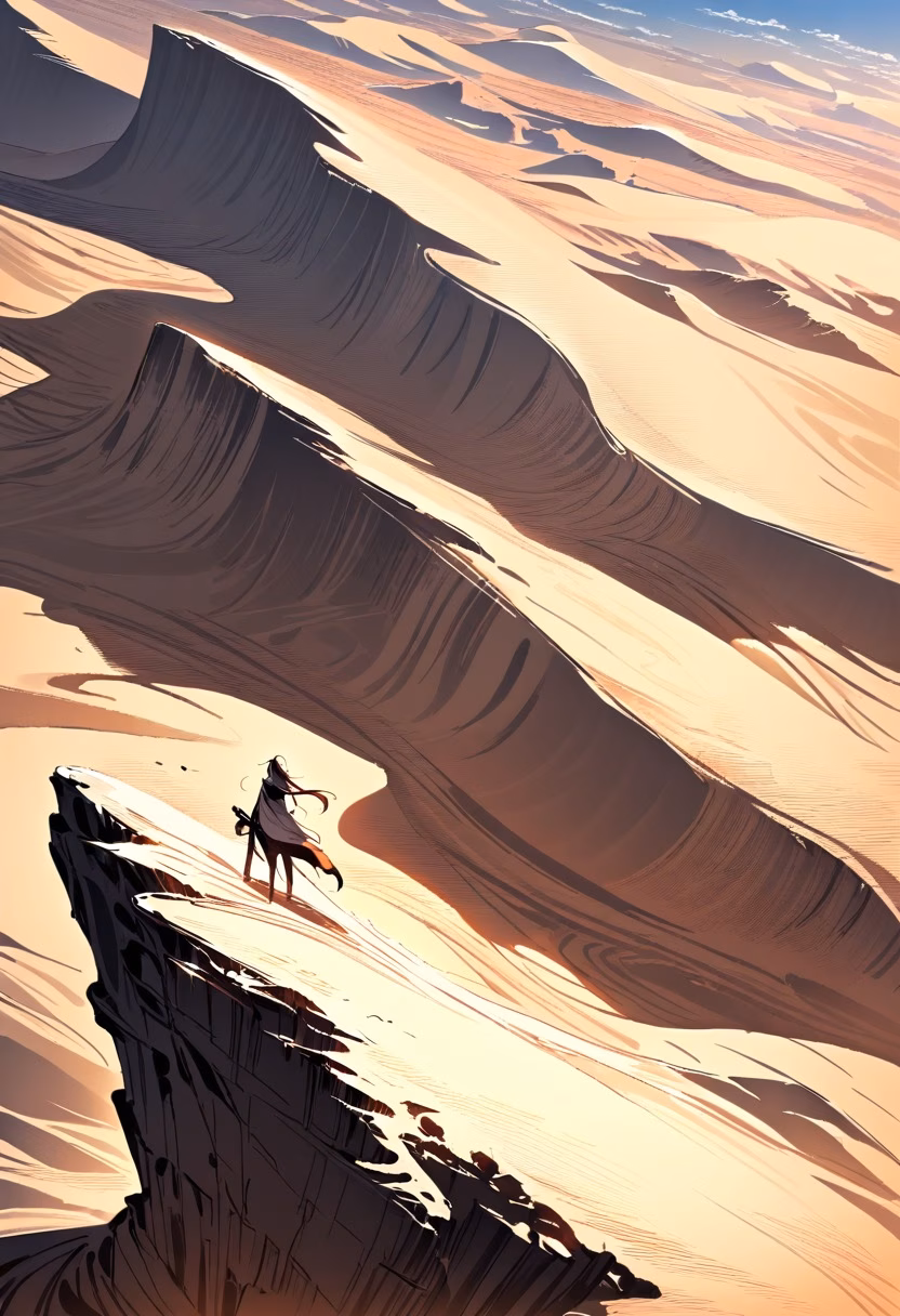 Golden Desert Dunes — view 1 — Vast desert dunes with rippling golden sands, stretching across endless arid horizon, scorching summer heat haze shimmer