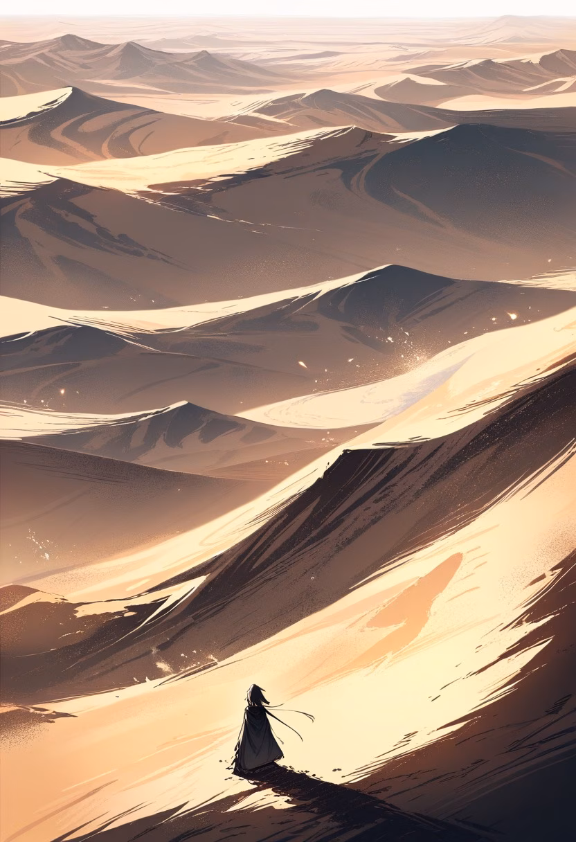 Golden Desert Dunes — view 2 — Vast desert dunes with rippling golden sands, stretching across endless arid horizon, scorching summer heat haze shimmer