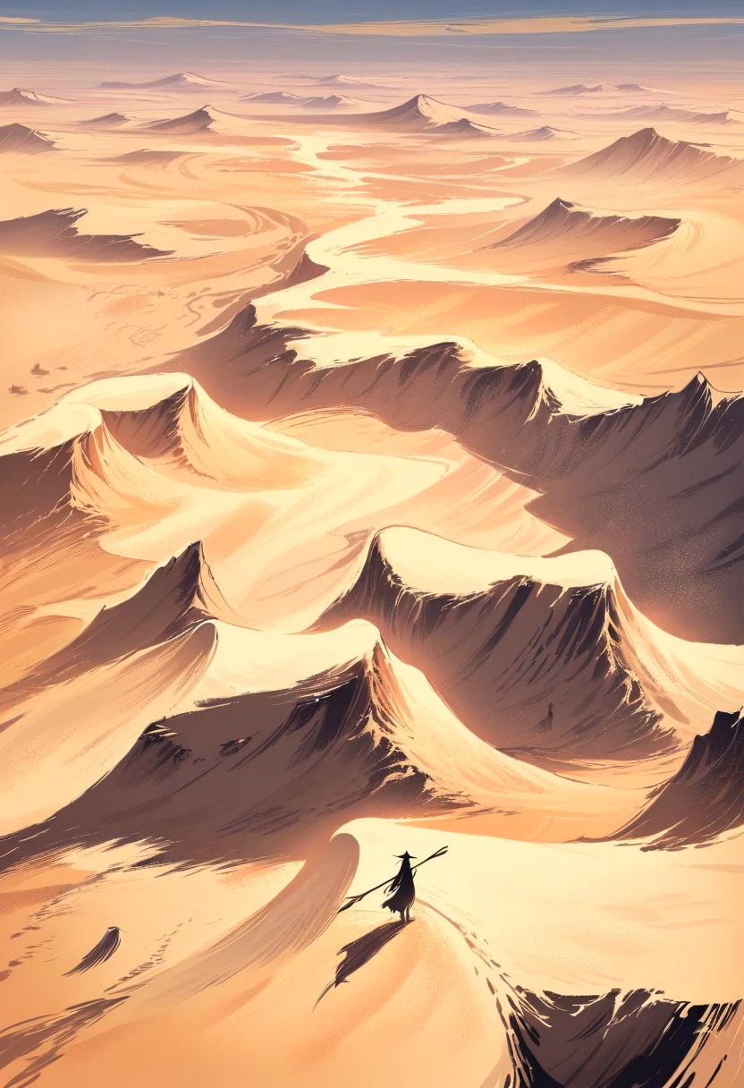 Golden Desert Dunes — view 3 — Vast desert dunes with rippling golden sands, stretching across endless arid horizon, scorching summer heat haze shimmer