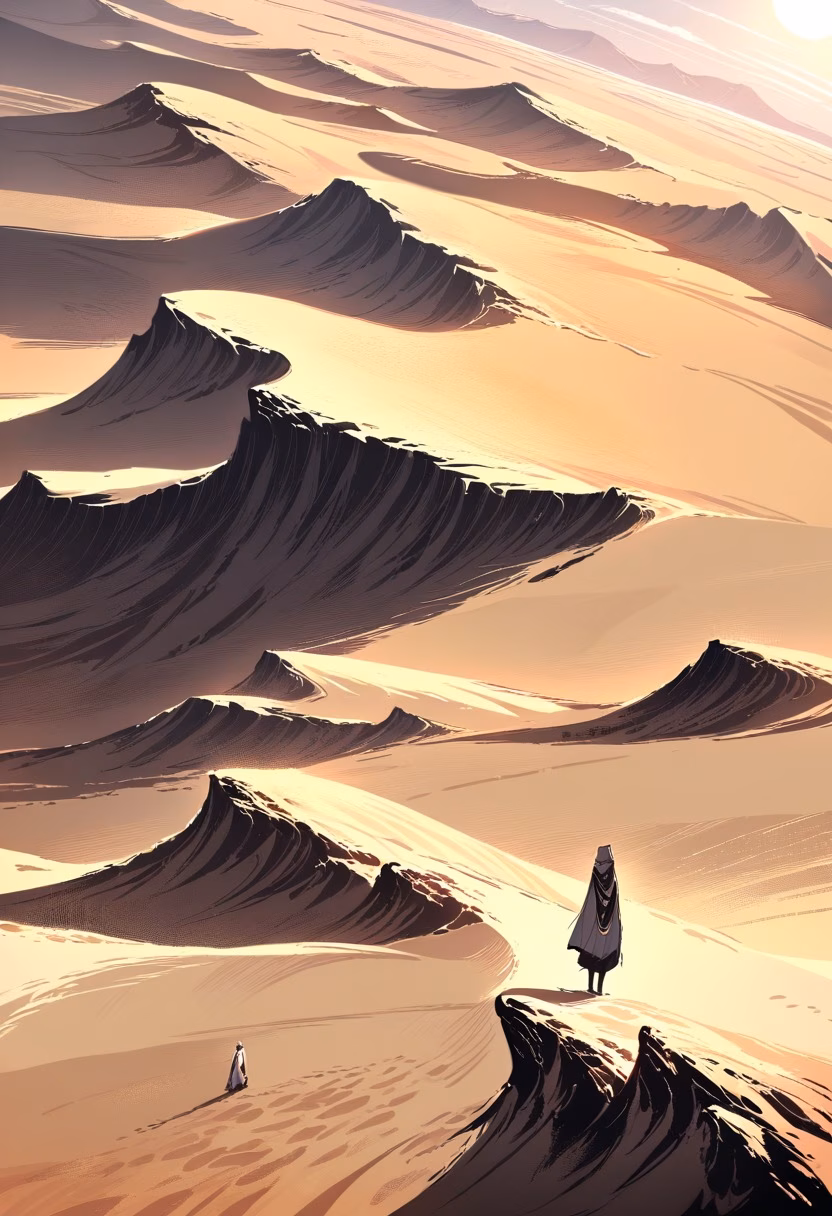 Golden Desert Dunes — view 4 — Vast desert dunes with rippling golden sands, stretching across endless arid horizon, scorching summer heat haze shimmer