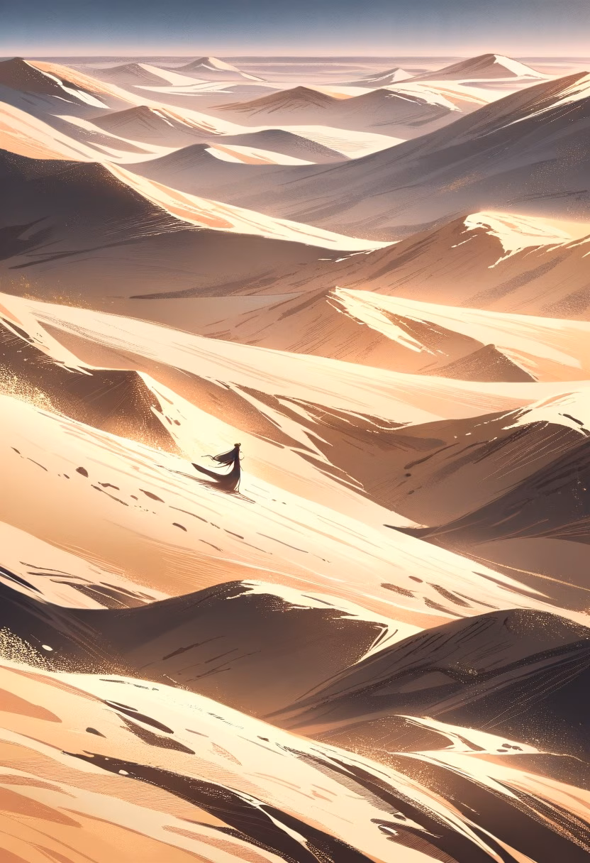 Golden Desert Dunes — view 5 — Vast desert dunes with rippling golden sands, stretching across endless arid horizon, scorching summer heat haze shimmer