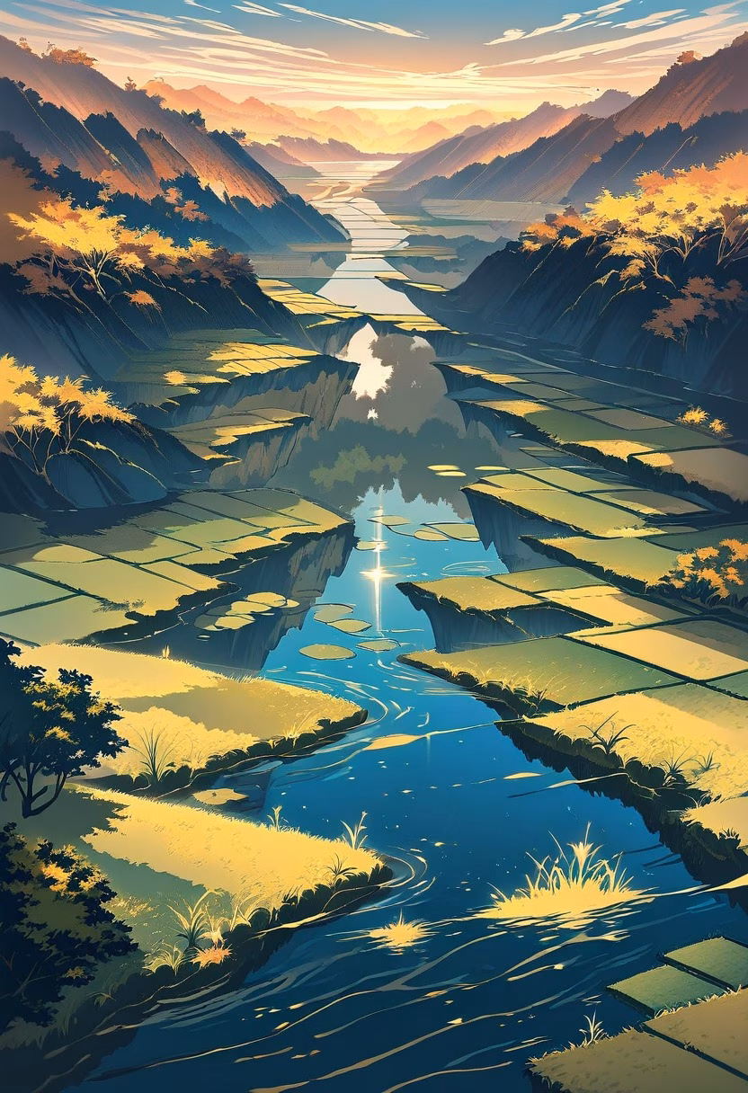 Emerald Rice Terraces — view 2 — Lush terraced rice fields with vibrant emerald layers, carved into misty hillside slopes, early autumn drizzle glistenin