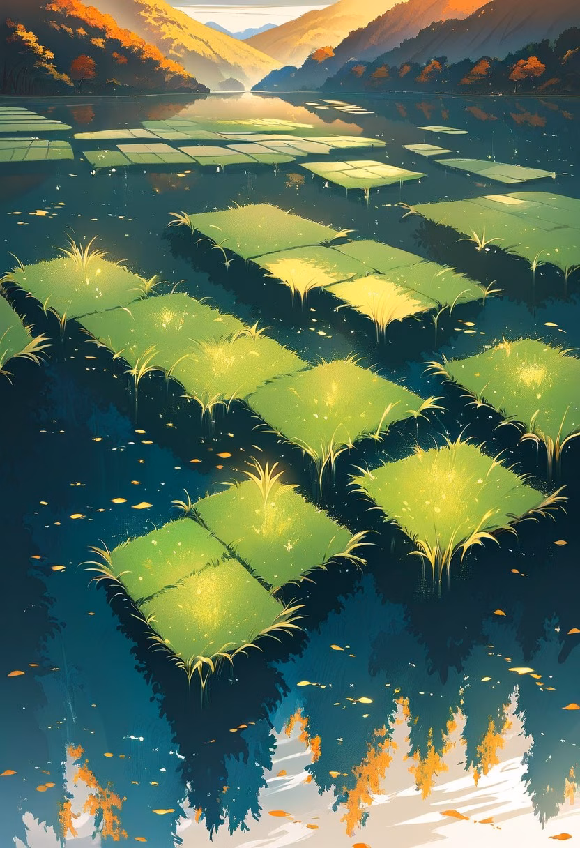 Emerald Rice Terraces — view 3 — Lush terraced rice fields with vibrant emerald layers, carved into misty hillside slopes, early autumn drizzle glistenin