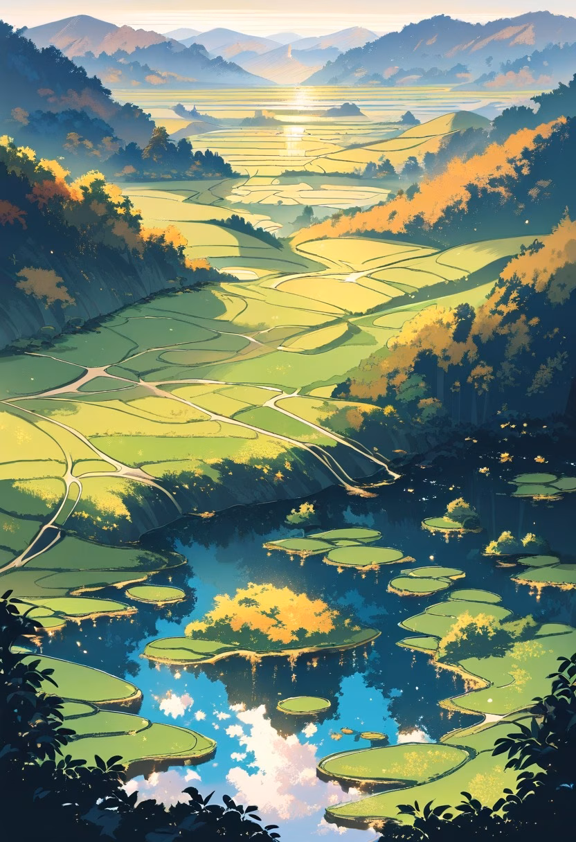 Emerald Rice Terraces — view 5 — Lush terraced rice fields with vibrant emerald layers, carved into misty hillside slopes, early autumn drizzle glistenin